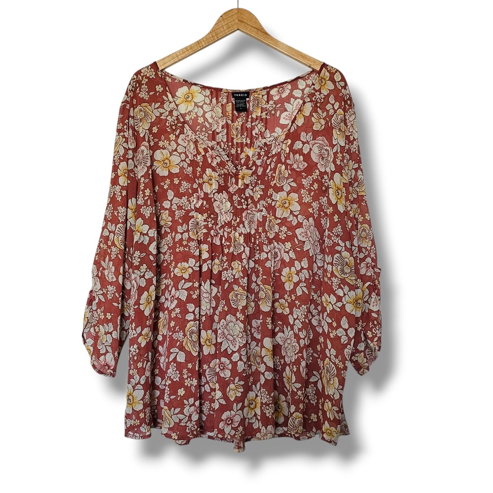 Torrid Peasant Top 4 4X Womens Rust Floral Pintuck‎ Lightweight Boho Cottage
